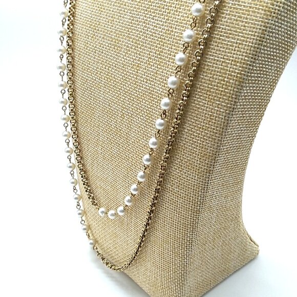 Long Gold-tone Chain and Faux Pearl Necklace - Picture 2 of 12